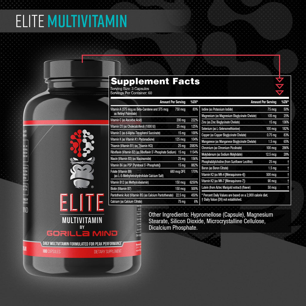 Gorilla Mind Elite Multi-Vitamin (180 Capsules) – Daily Multivitamin Formulated for Peak Performance | 27 Nutrients to Backfill Micronutrient Shortcomings - Maple Wellness Supplements