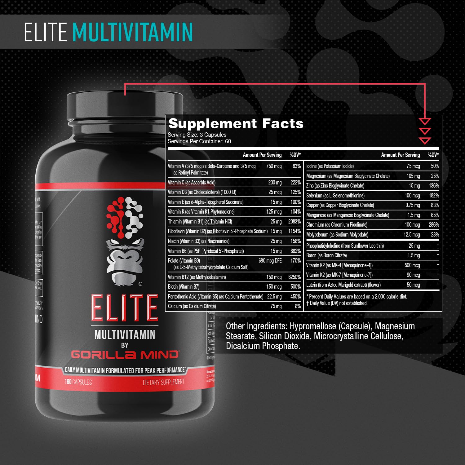 Gorilla Mind Elite Multi-Vitamin (180 Capsules) – Daily Multivitamin Formulated for Peak Performance | 27 Nutrients to Backfill Micronutrient Shortcomings - Maple Wellness Supplements