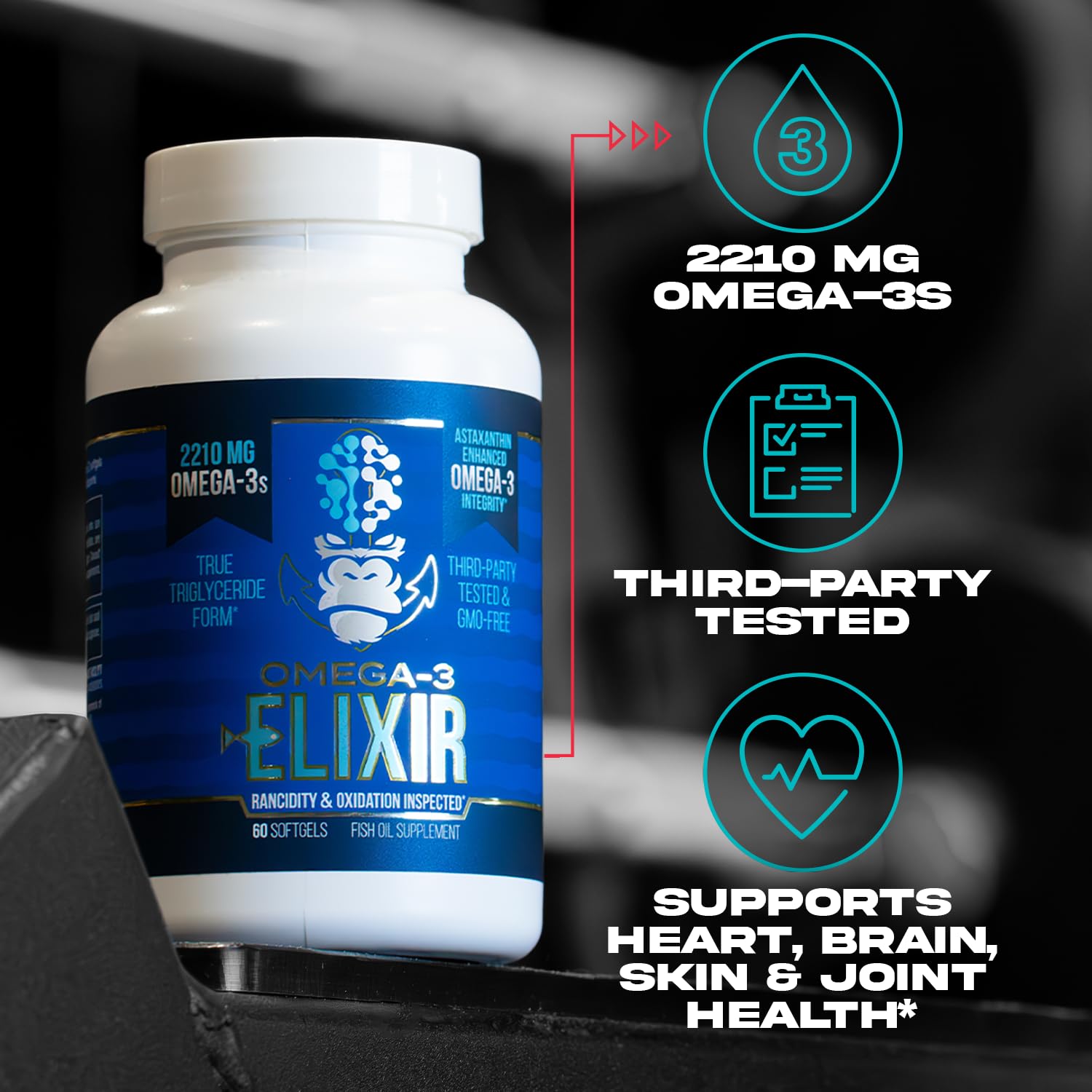 Gorilla Mind Omega-3 Elixir™ | 2210mg Fish Oil Re-Esterified Triglyceride Form | EPA, DHA + 2 Fatty Acids | Astaxanthin Infusion for Bolstered Integrity | 3rd Party & Rancidity Tested | 60 Softgels - TrustMedUSA
