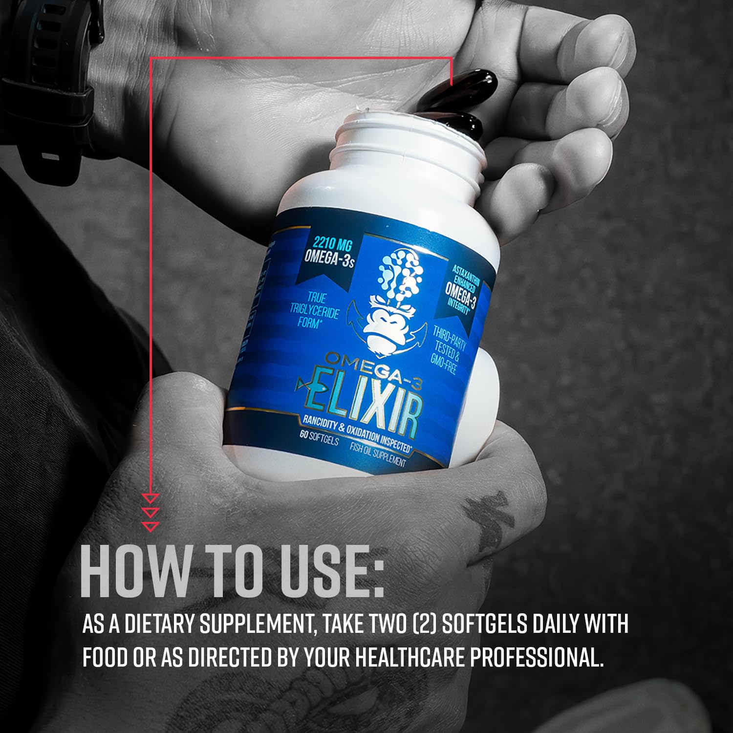 Gorilla Mind Omega-3 Elixir™ | 2210mg Fish Oil Re-Esterified Triglyceride Form | EPA, DHA + 2 Fatty Acids | Astaxanthin Infusion for Bolstered Integrity | 3rd Party & Rancidity Tested | 60 Softgels - TrustMedUSA