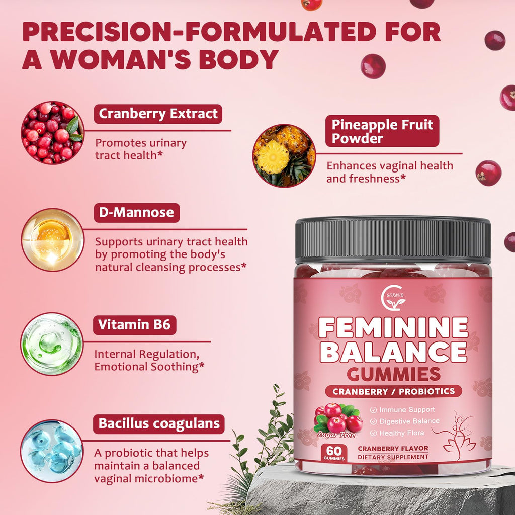 GORNVB Premium Feminine Balance Gummies for Women, Support pH Balance & Vaginal Probiotics Health Gummies with Cranberry Pineapple Powder, D-Mannose, Sugar Free, Gluten Free, Vegan - TrustMedUSA