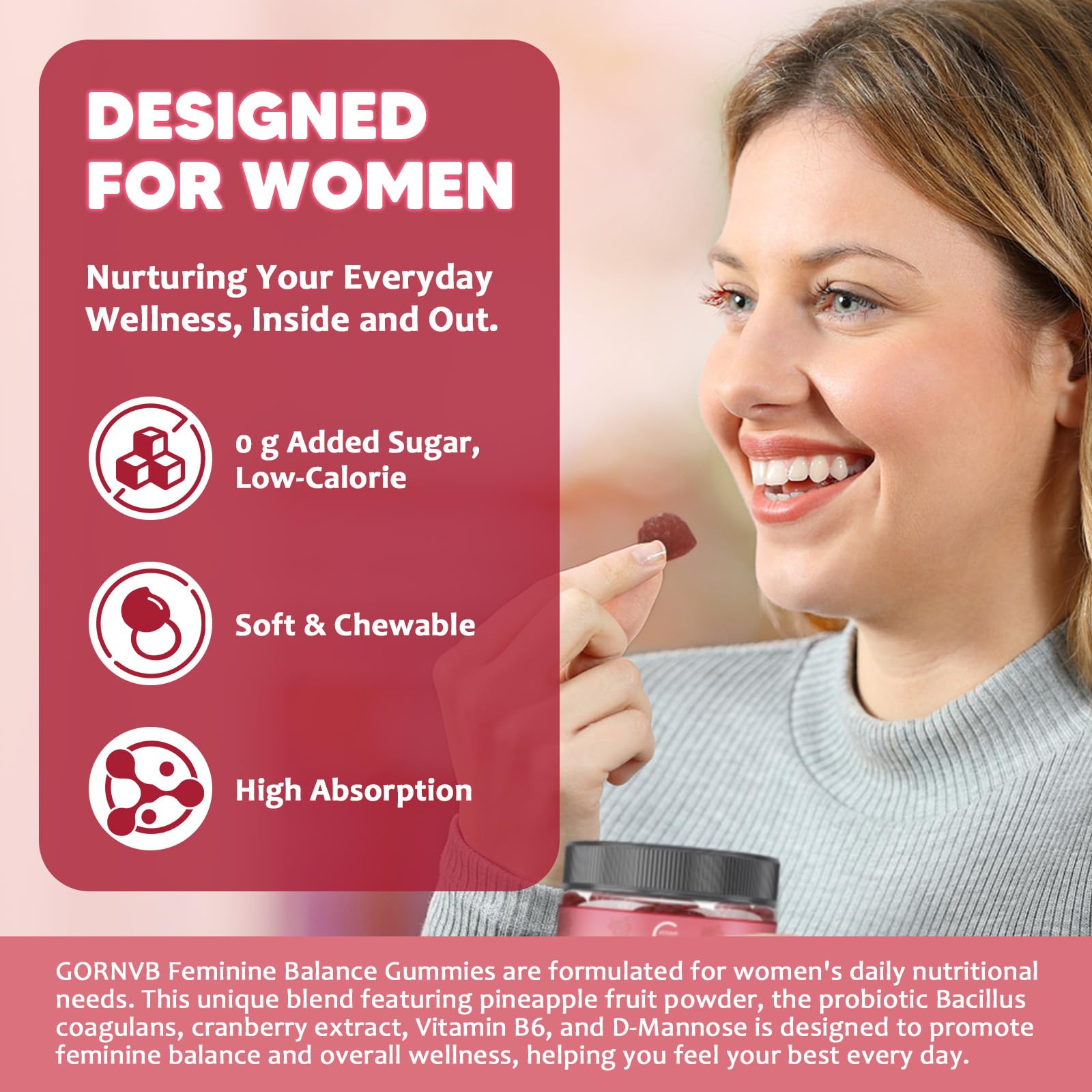 GORNVB Premium Feminine Balance Gummies for Women, Support pH Balance & Vaginal Probiotics Health Gummies with Cranberry Pineapple Powder, D-Mannose, Sugar Free, Gluten Free, Vegan - TrustMedUSA