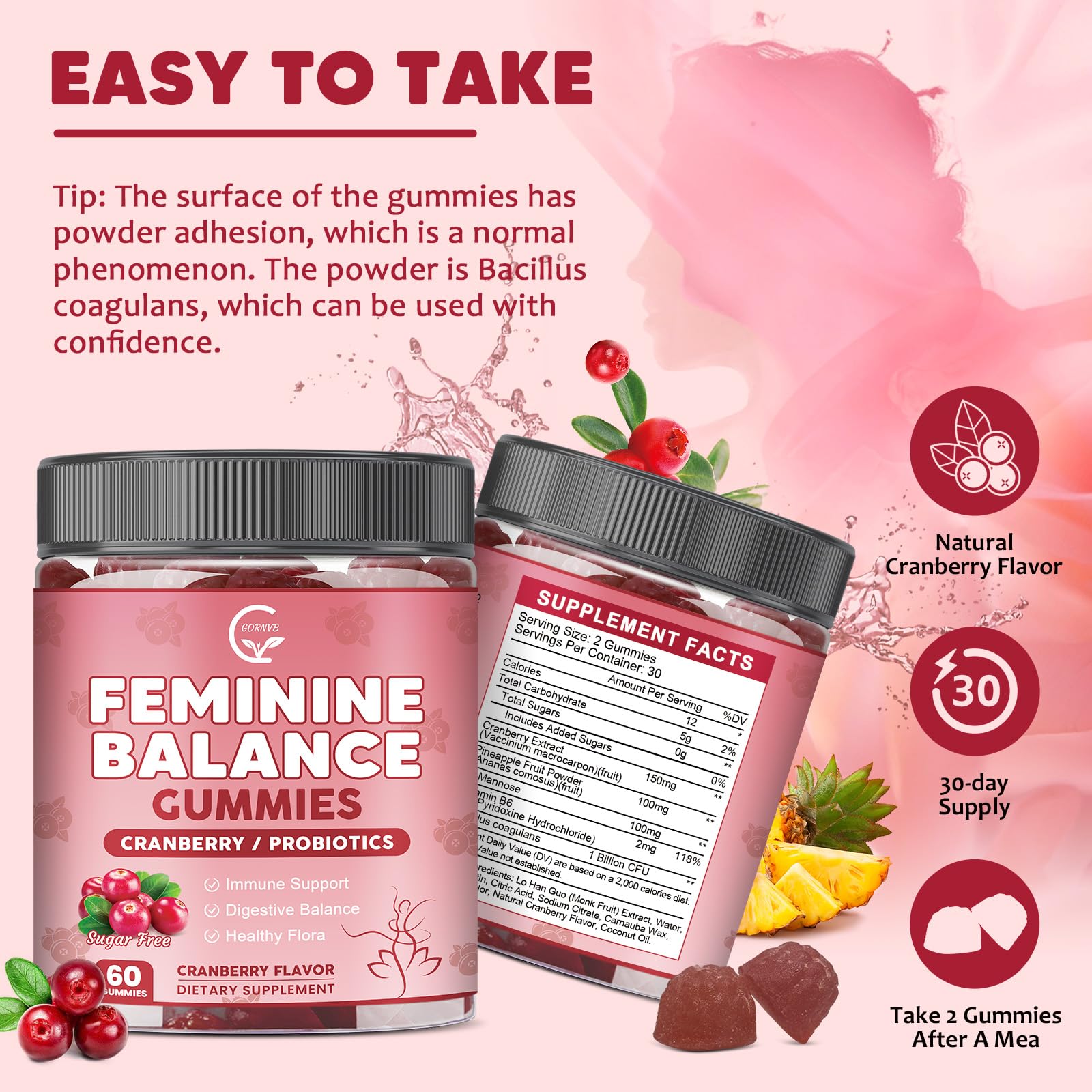 GORNVB Premium Feminine Balance Gummies for Women, Support pH Balance & Vaginal Probiotics Health Gummies with Cranberry Pineapple Powder, D-Mannose, Sugar Free, Gluten Free, Vegan - TrustMedUSA