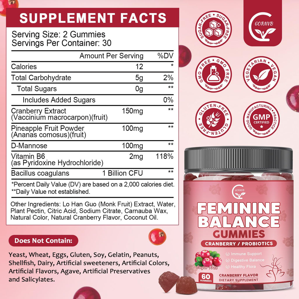 GORNVB Premium Feminine Balance Gummies for Women, Support pH Balance & Vaginal Probiotics Health Gummies with Cranberry Pineapple Powder, D-Mannose, Sugar Free, Gluten Free, Vegan - TrustMedUSA