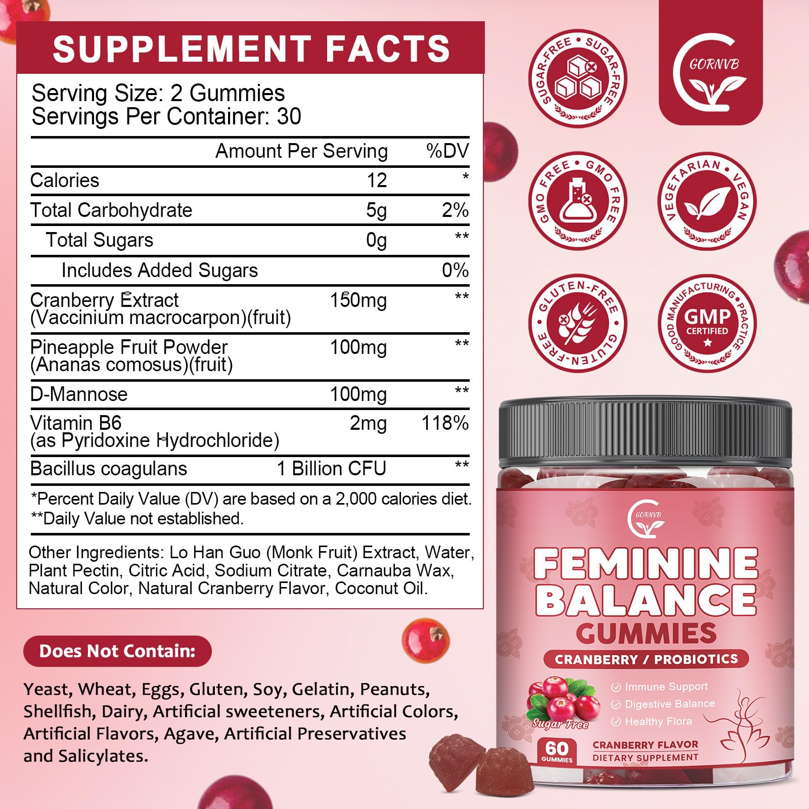 GORNVB Premium Feminine Balance Gummies for Women, Support pH Balance & Vaginal Probiotics Health Gummies with Cranberry Pineapple Powder, D-Mannose, Sugar Free, Gluten Free, Vegan - TrustMedUSA