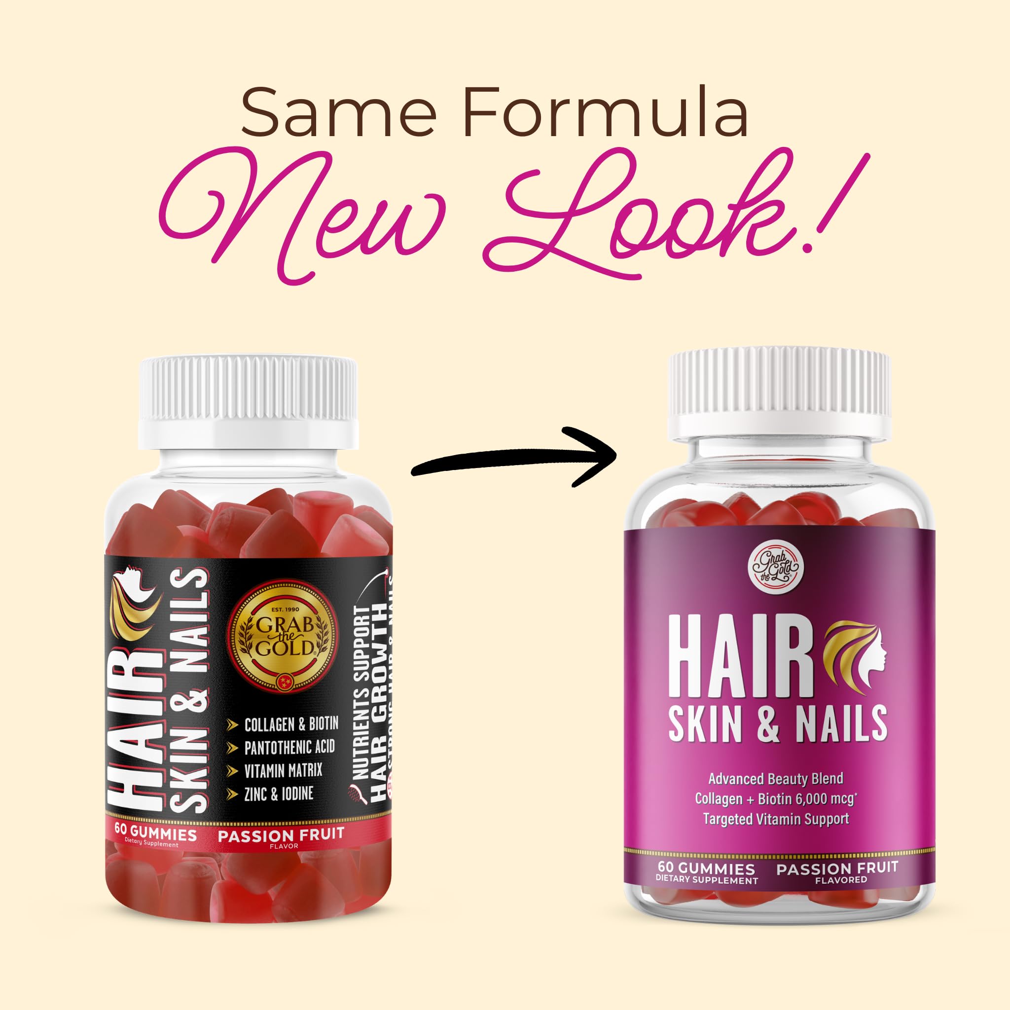 Grab The Gold Hair Skin & Nails Vitamins for Women | Gummies with 6000mcg Biotin & Collagen | 10 Essential Vitamin & Minerals | Gluten-Free, Non-GMO, Passion Fruit Flavor | 1 Month Supply, Made in USA - TrustMedUSA