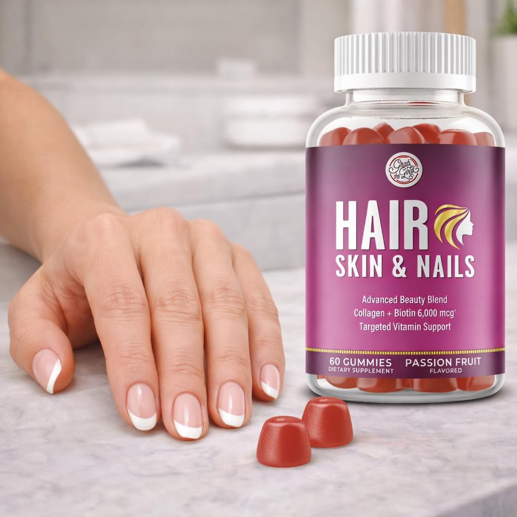 Grab The Gold Hair Skin & Nails Vitamins for Women | Gummies with 6000mcg Biotin & Collagen | 10 Essential Vitamin & Minerals | Gluten-Free, Non-GMO, Passion Fruit Flavor | 1 Month Supply, Made in USA - TrustMedUSA