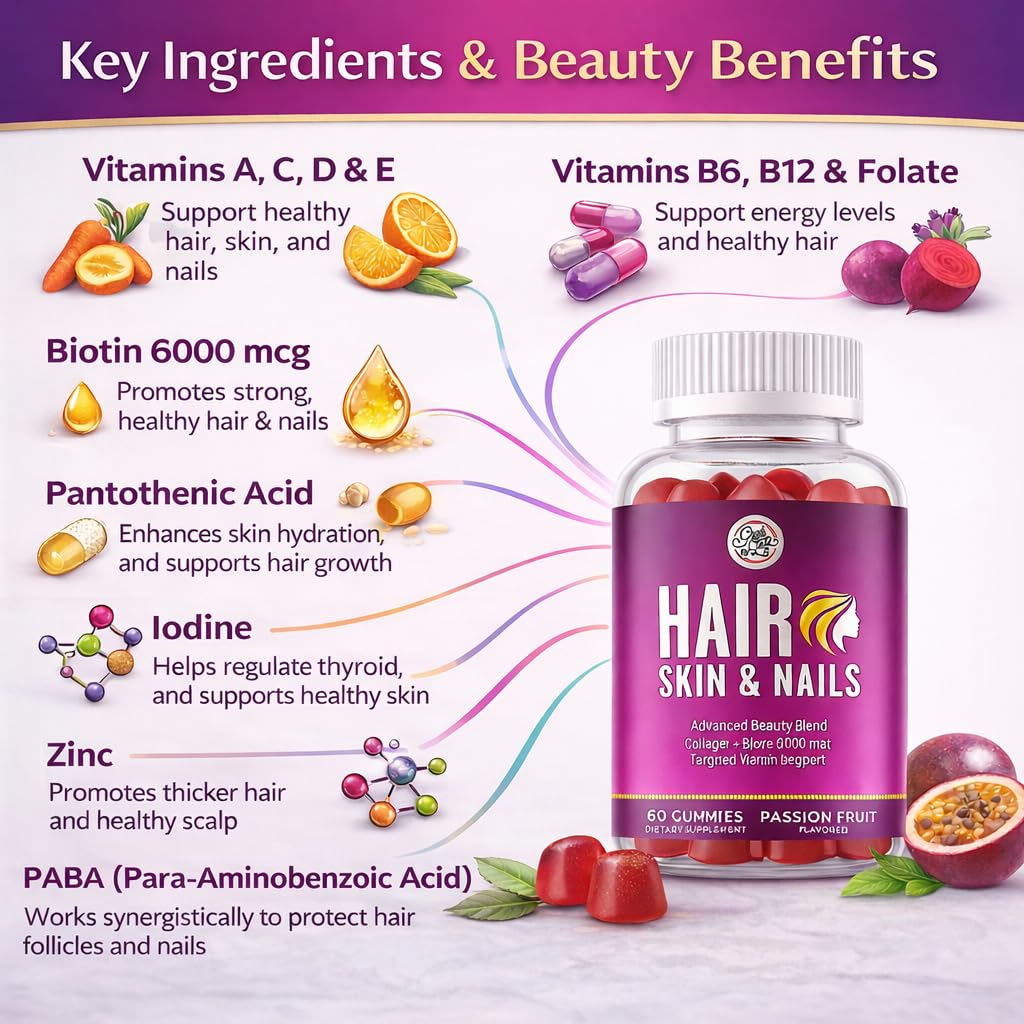 Grab The Gold Hair Skin & Nails Vitamins for Women | Gummies with 6000mcg Biotin & Collagen | 10 Essential Vitamin & Minerals | Gluten-Free, Non-GMO, Passion Fruit Flavor | 1 Month Supply, Made in USA - TrustMedUSA