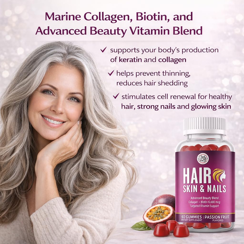 Grab The Gold Hair Skin & Nails Vitamins for Women | Gummies with 6000mcg Biotin & Collagen | 10 Essential Vitamin & Minerals | Gluten-Free, Non-GMO, Passion Fruit Flavor | 1 Month Supply, Made in USA - TrustMedUSA