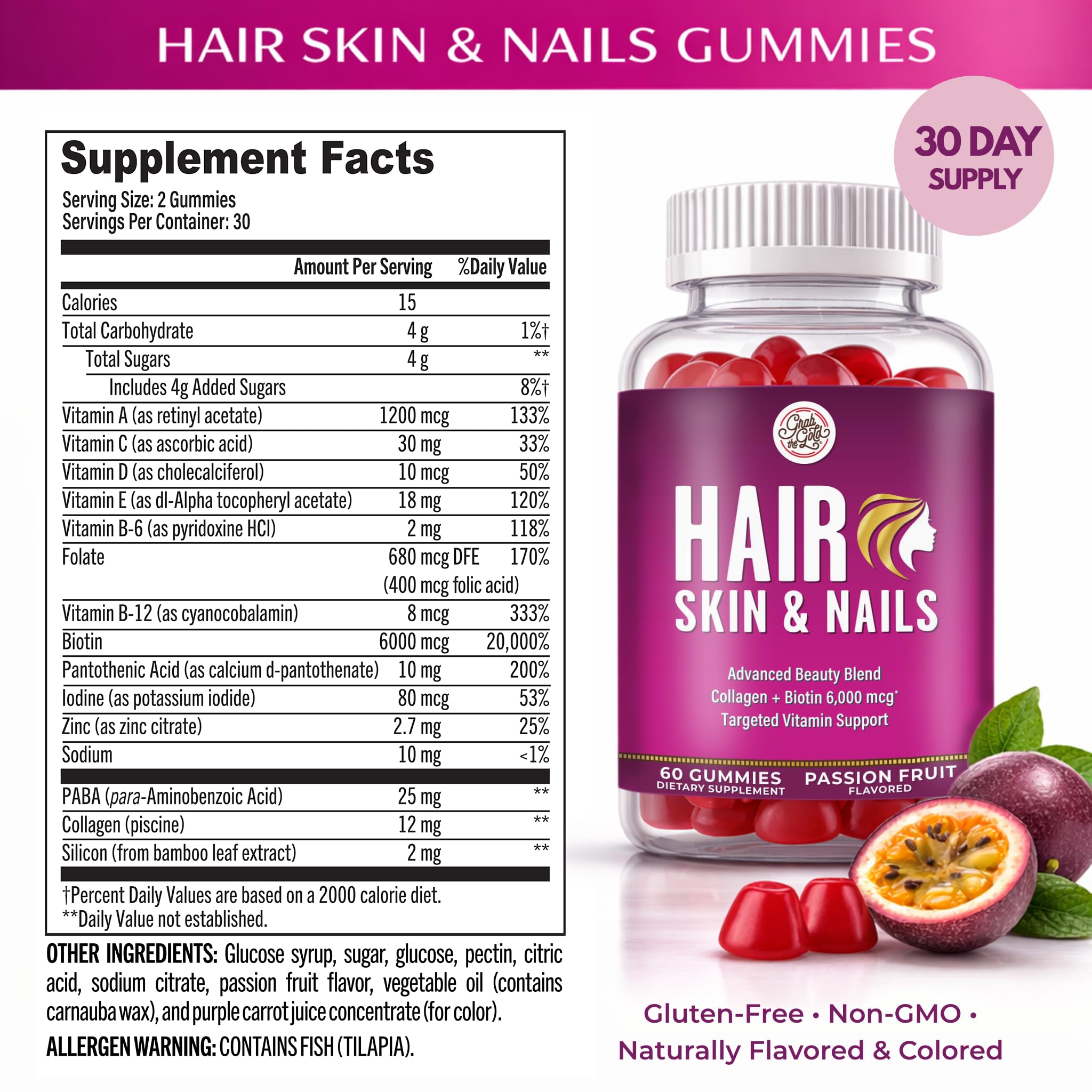 Grab The Gold Hair Skin & Nails Vitamins for Women | Gummies with 6000mcg Biotin & Collagen | 10 Essential Vitamin & Minerals | Gluten-Free, Non-GMO, Passion Fruit Flavor | 1 Month Supply, Made in USA - TrustMedUSA
