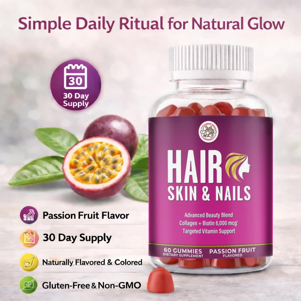 Grab The Gold Hair Skin & Nails Vitamins for Women | Gummies with 6000mcg Biotin & Collagen | 10 Essential Vitamin & Minerals | Gluten-Free, Non-GMO, Passion Fruit Flavor | 1 Month Supply, Made in USA - TrustMedUSA