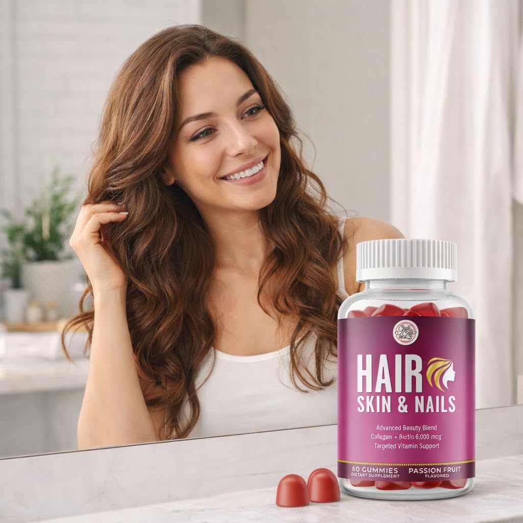 Grab The Gold Hair Skin & Nails Vitamins for Women | Gummies with 6000mcg Biotin & Collagen | 10 Essential Vitamin & Minerals | Gluten-Free, Non-GMO, Passion Fruit Flavor | 1 Month Supply, Made in USA - TrustMedUSA