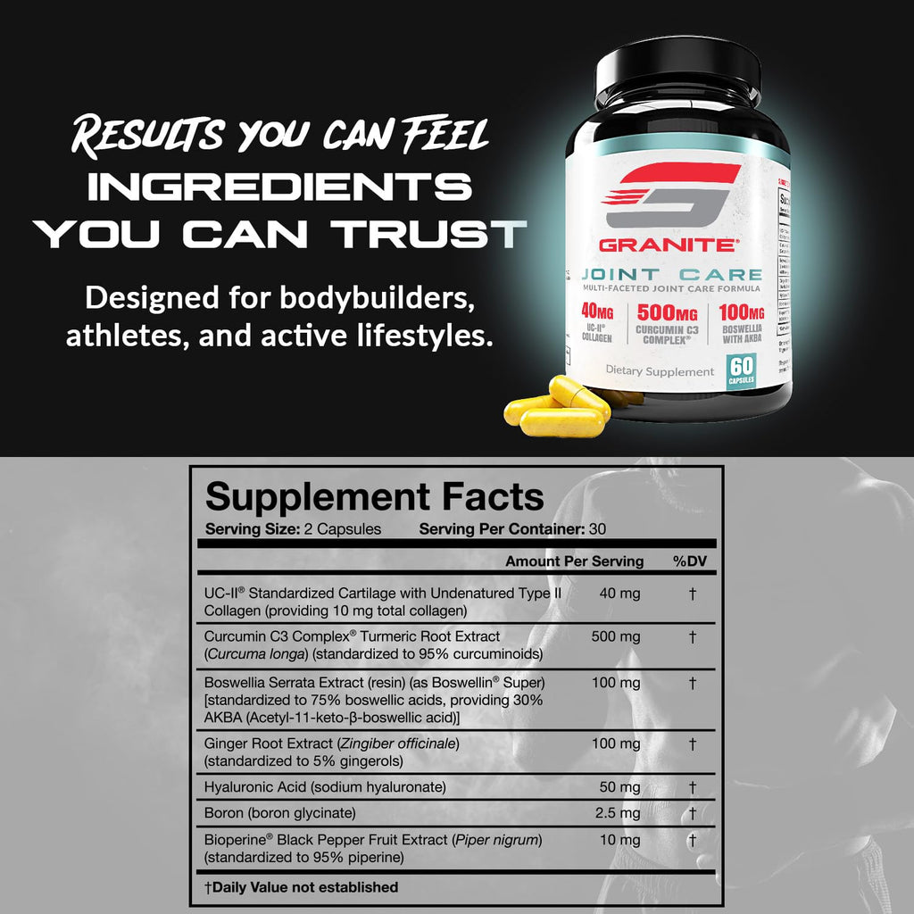 Granite Joint Care: Premium UC-II Collagen, Turmeric Curcumin C3, AKBA Boswellia + More - All-in-One Support for Joint Mobility, Comfort & Strength (60ct) - TrustMedUSA