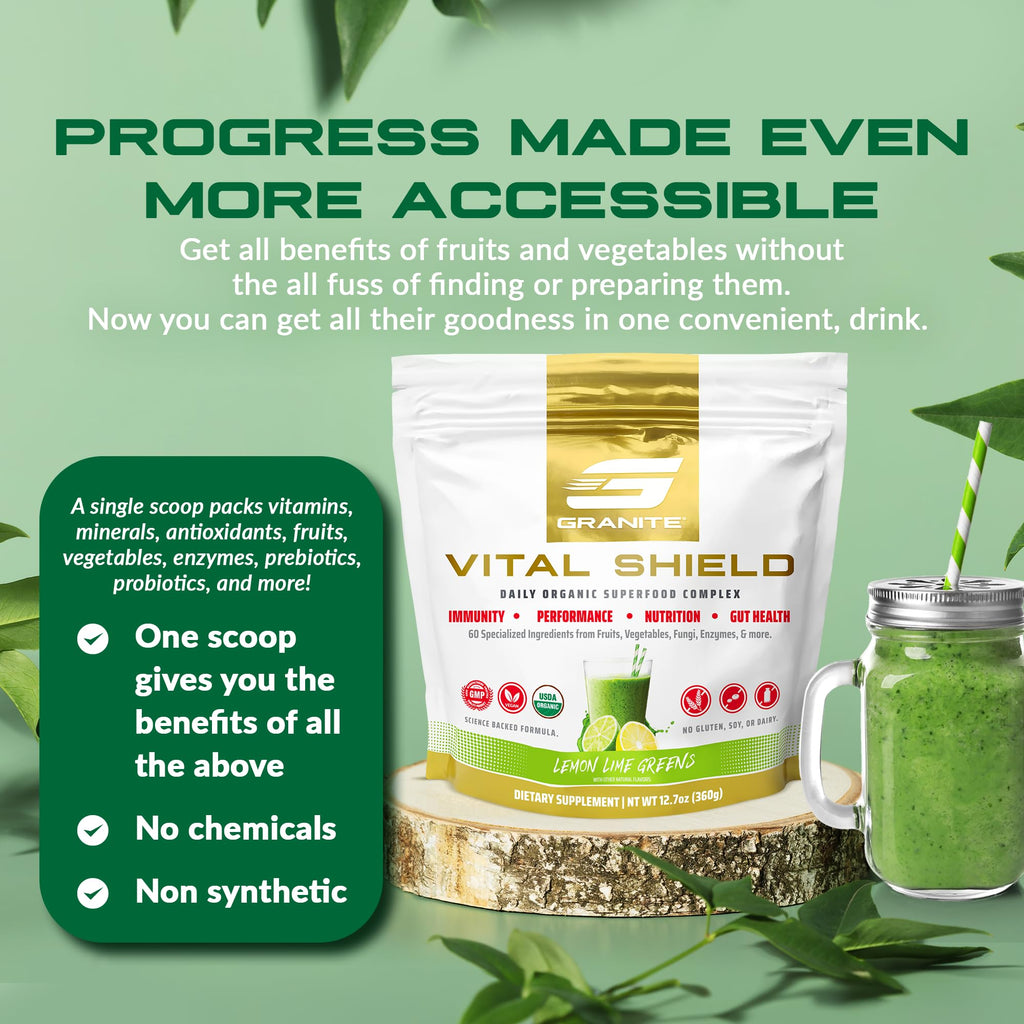 Granite Nutrition Vital Shield - USDA Organic Superfood Greens with Mushrooms & Tart Cherry – Supports Energy, Immune Function & Digestive Health – Lemon Lime Flavor (30 Servings) - TrustMedUSA