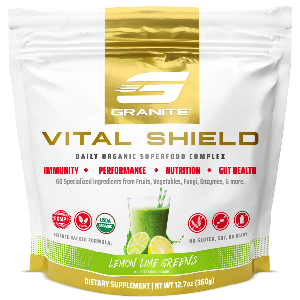 Granite Nutrition Vital Shield - USDA Organic Superfood Greens with Mushrooms & Tart Cherry – Supports Energy, Immune Function & Digestive Health – Lemon Lime Flavor (30 Servings) - TrustMedUSA
