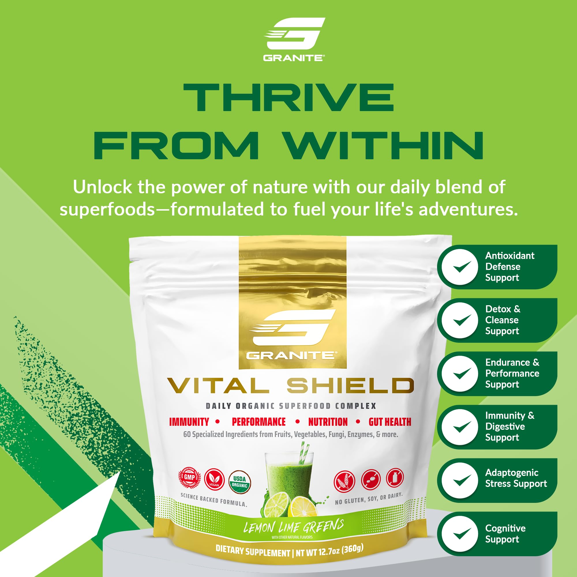 Granite Nutrition Vital Shield - USDA Organic Superfood Greens with Mushrooms & Tart Cherry – Supports Energy, Immune Function & Digestive Health – Lemon Lime Flavor (30 Servings) - TrustMedUSA