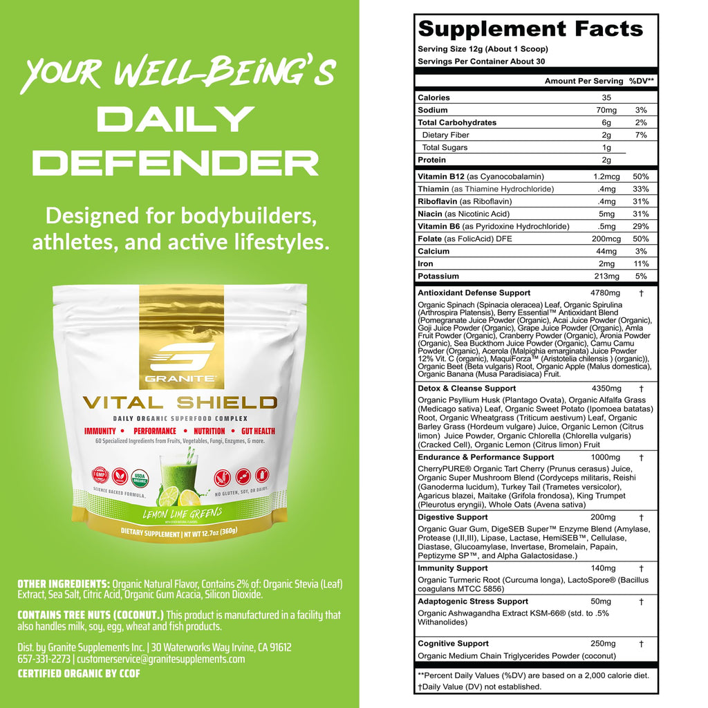 Granite Nutrition Vital Shield - USDA Organic Superfood Greens with Mushrooms & Tart Cherry – Supports Energy, Immune Function & Digestive Health – Lemon Lime Flavor (30 Servings) - TrustMedUSA
