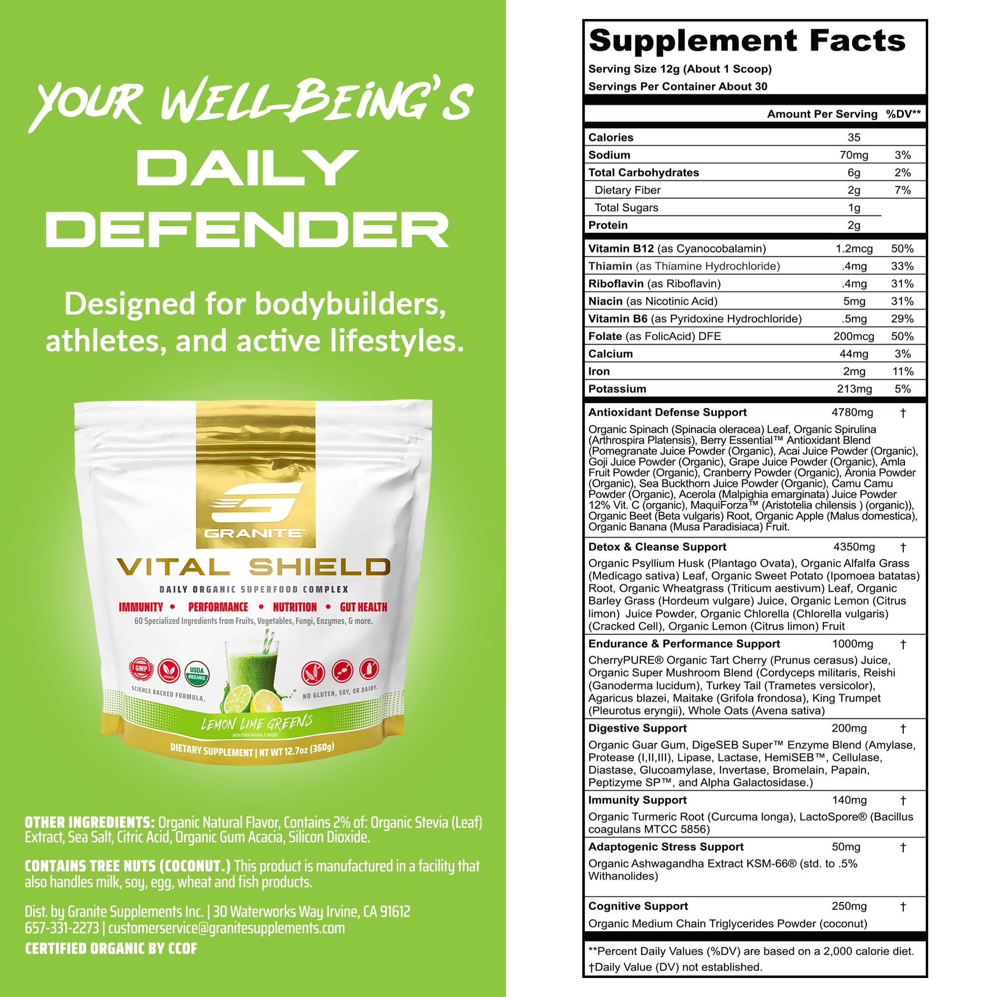 Granite Nutrition Vital Shield - USDA Organic Superfood Greens with Mushrooms & Tart Cherry – Supports Energy, Immune Function & Digestive Health – Lemon Lime Flavor (30 Servings) - TrustMedUSA