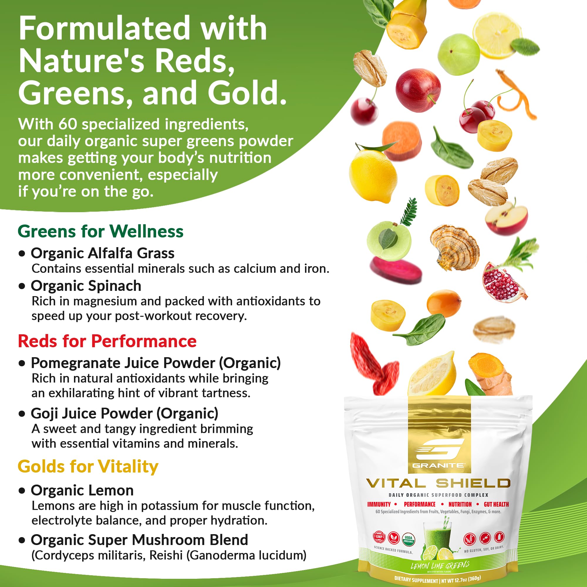 Granite Nutrition Vital Shield - USDA Organic Superfood Greens with Mushrooms & Tart Cherry – Supports Energy, Immune Function & Digestive Health – Lemon Lime Flavor (30 Servings) - TrustMedUSA