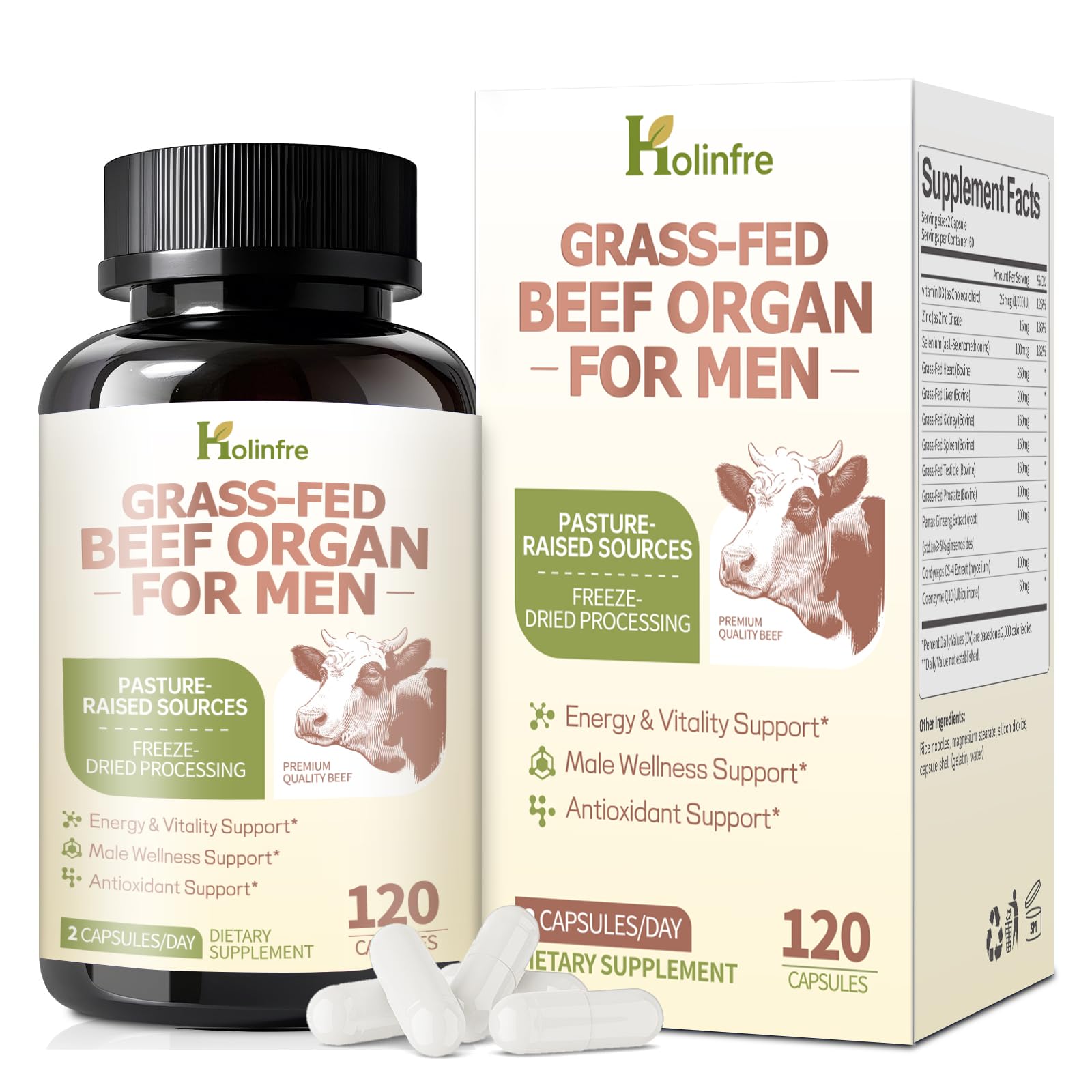 Grass Fed Beef Organ Supplement for Men - Beef Liver Capsules,Pasture Raised Beef Organs with Heart, Liver, Kidney, Spleen, Testicle & Prostate, Zinc, Selenium, Vitamin D3, Ginseng, Cordyceps - TrustMedUSA