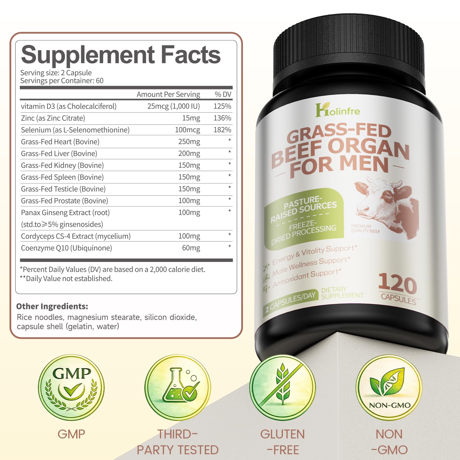 Grass Fed Beef Organ Supplement for Men - Beef Liver Capsules,Pasture Raised Beef Organs with Heart, Liver, Kidney, Spleen, Testicle & Prostate, Zinc, Selenium, Vitamin D3, Ginseng, Cordyceps - TrustMedUSA