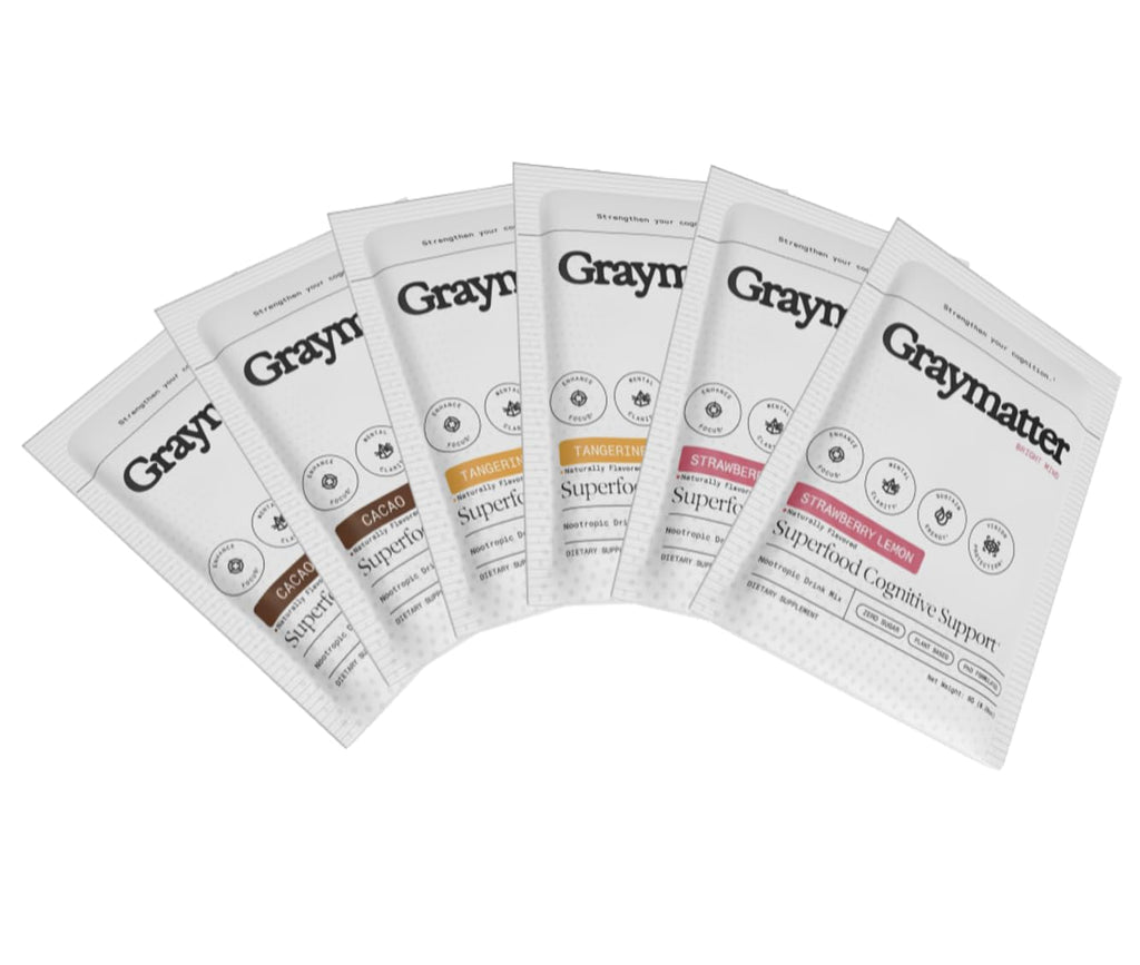 Graymatter Bright Mind Nootropic Powder (6 Travel Packets Variety Pack: Cacao, Tangerine, Strawberry Lemon) – Plant-Based Energy & Focus Drink Mix, Adaptogens & Vitamins, Sugar-Free Daily Supplement - TrustMedUSA