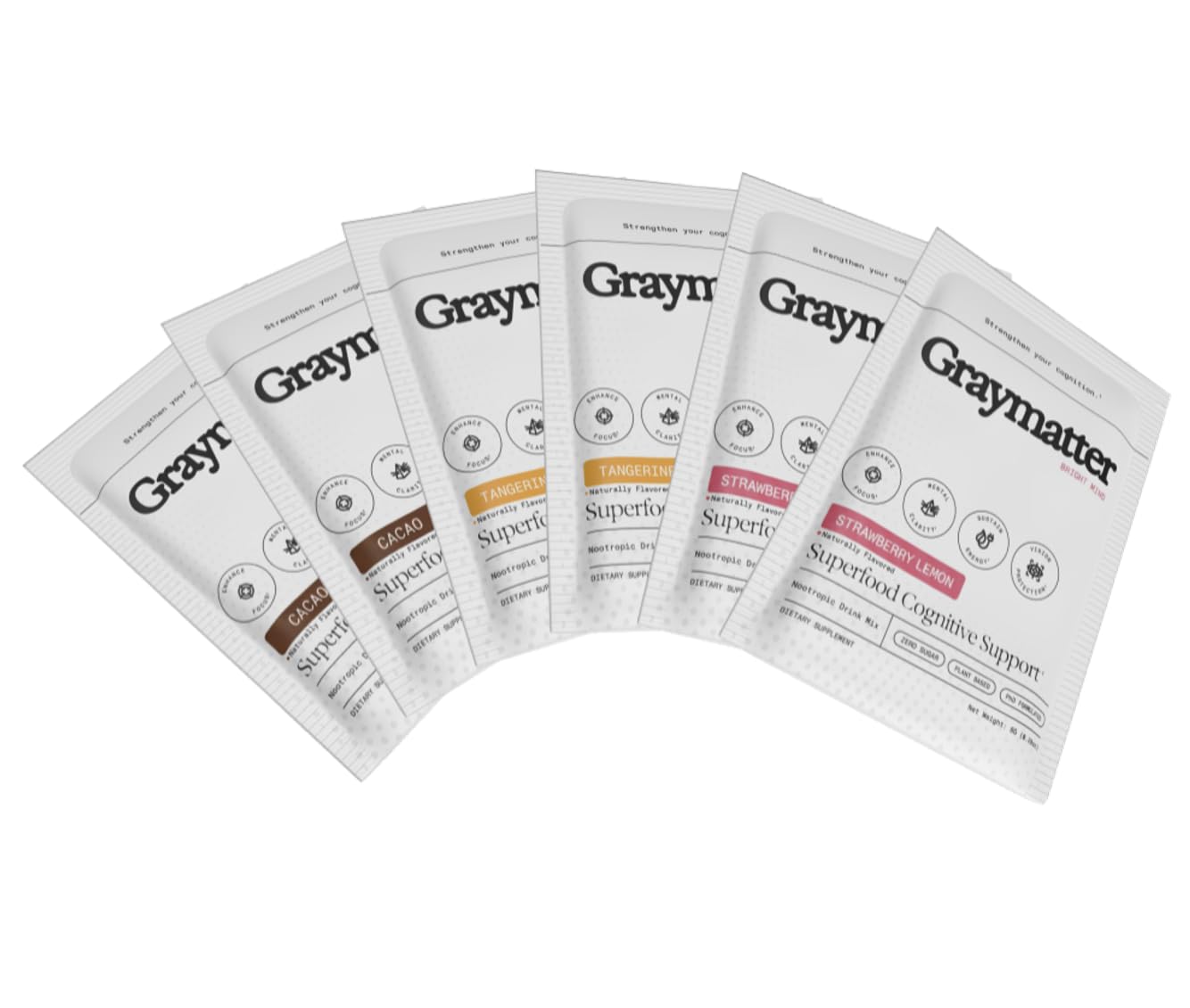 Graymatter Bright Mind Nootropic Powder (6 Travel Packets Variety Pack: Cacao, Tangerine, Strawberry Lemon) – Plant-Based Energy & Focus Drink Mix, Adaptogens & Vitamins, Sugar-Free Daily Supplement - TrustMedUSA