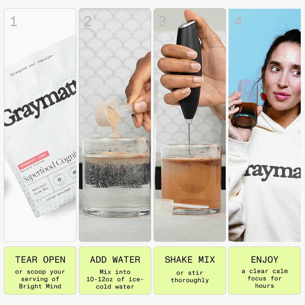 Graymatter Bright Mind Nootropic Powder (6 Travel Packets Variety Pack: Cacao, Tangerine, Strawberry Lemon) – Plant-Based Energy & Focus Drink Mix, Adaptogens & Vitamins, Sugar-Free Daily Supplement - TrustMedUSA