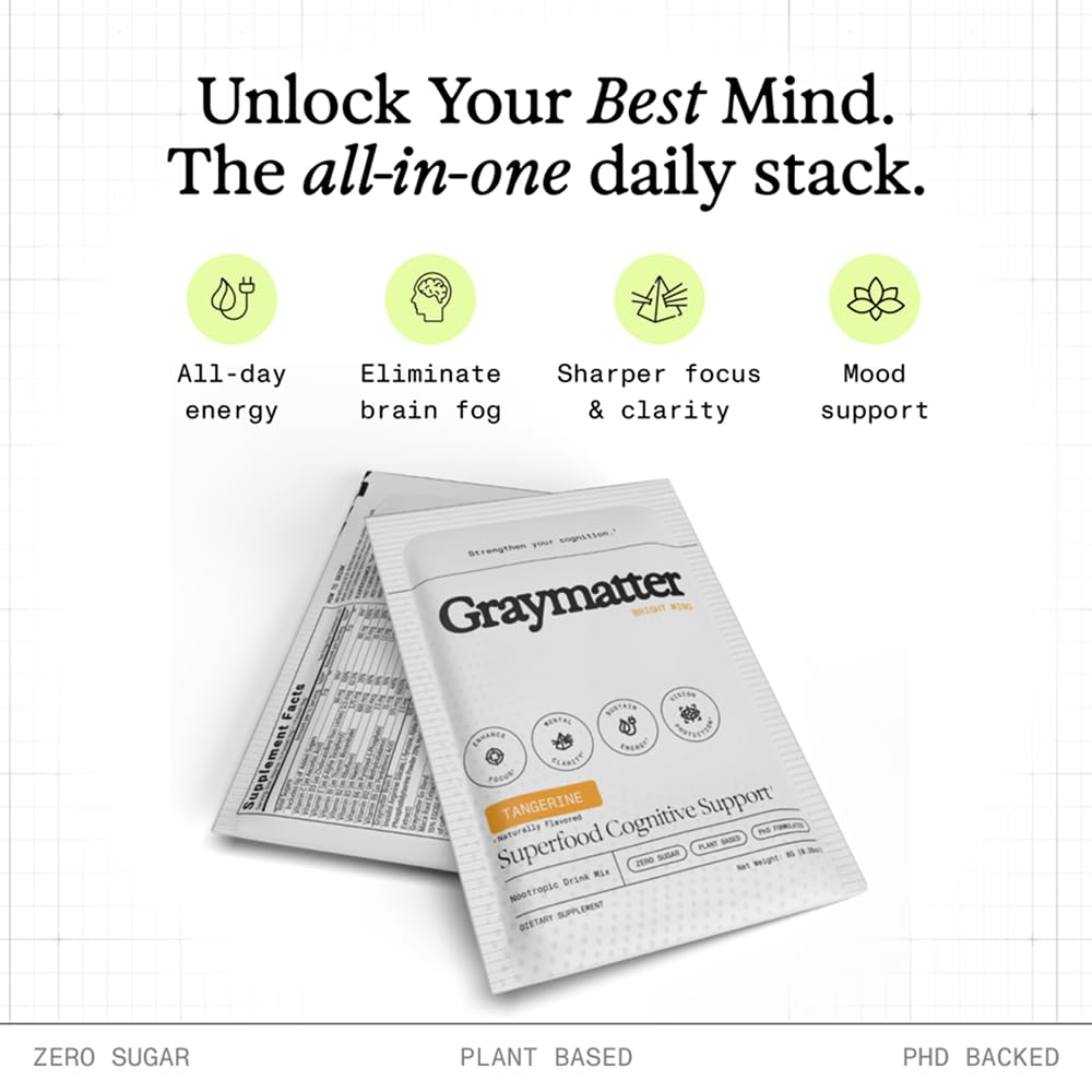 Graymatter Bright Mind Nootropic Powder (6 Travel Packets Variety Pack: Cacao, Tangerine, Strawberry Lemon) – Plant-Based Energy & Focus Drink Mix, Adaptogens & Vitamins, Sugar-Free Daily Supplement - TrustMedUSA