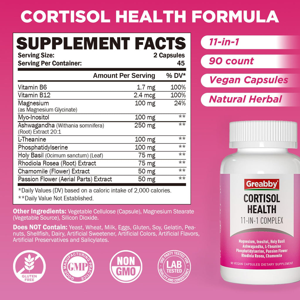 GREABBY Cortisol Supplements for Women, 11-in-1 Formula with Ashwagandha, L-Theanine, Phosphatidylserine and More, Lower Cortisol Health Support, 90 Vegan Capsules - TrustMedUSA