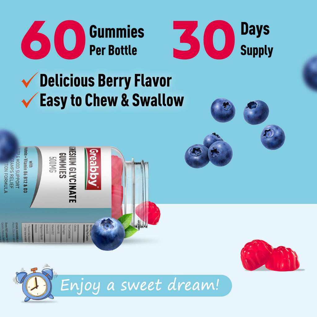Greabby Magnesium Glycinate Gummies 500mg for Adults Sleep Support, Chewable Magnesium Gummies for Women & Men - TrustMedUSA