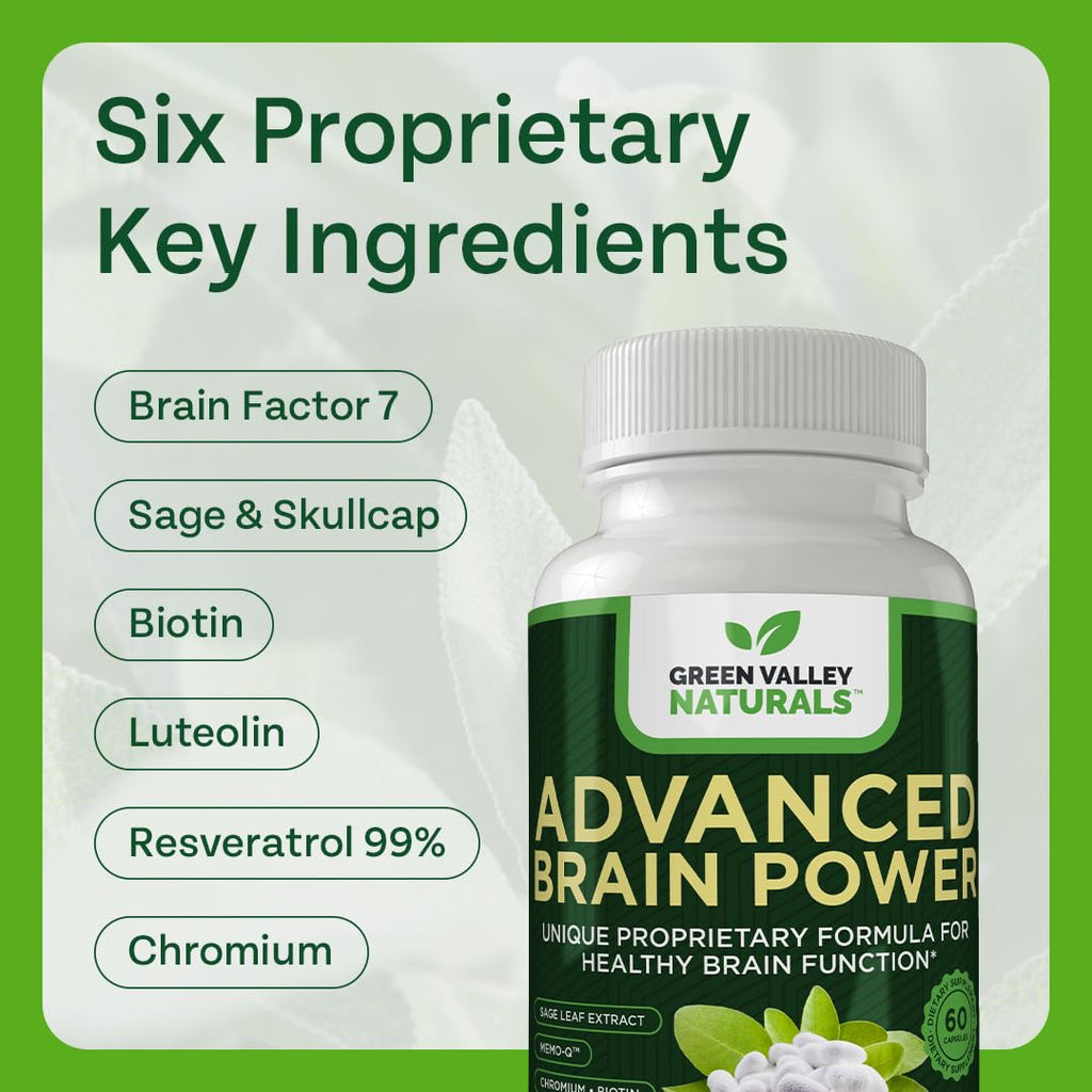 GREEN VALLEY NATURALS - Advanced Brain Power - Supports Healthy, Normal Brain Function, Focus and Concentration, clinically formulated to Support Healthy Brain Clarity. (1 Bottle, 60, Count) - TrustMedUSA