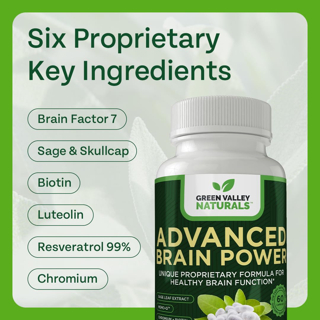 GREEN VALLEY NATURALS - Advanced Brain Power - Supports Healthy, Normal Brain Function, Focus and Concentration, clinically formulated to Support Healthy Brain Clarity. (1 Bottle, 60, Count) - TrustMedUSA