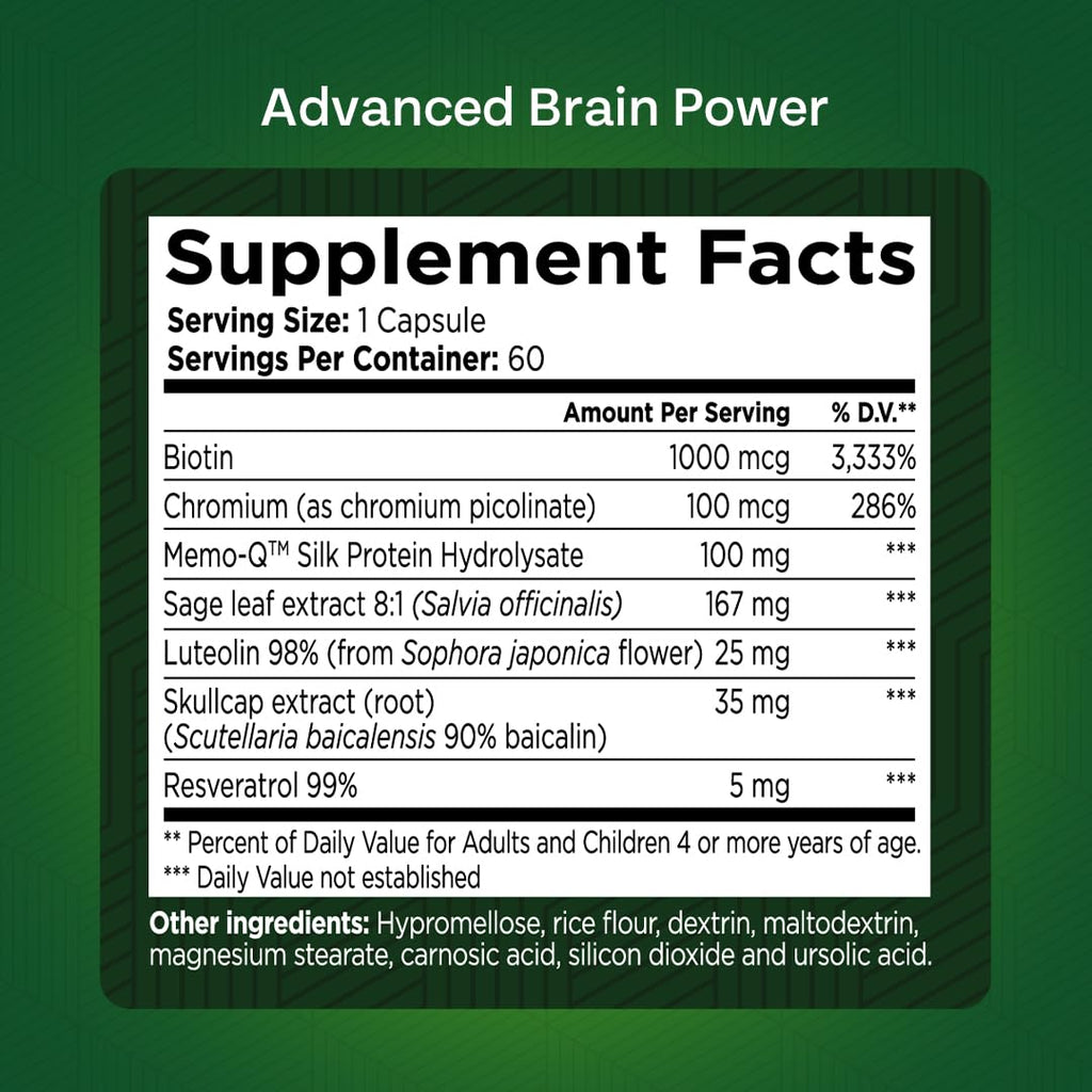 GREEN VALLEY NATURALS - Advanced Brain Power - Supports Healthy, Normal Brain Function, Focus and Concentration, clinically formulated to Support Healthy Brain Clarity. (1 Bottle, 60, Count) - TrustMedUSA