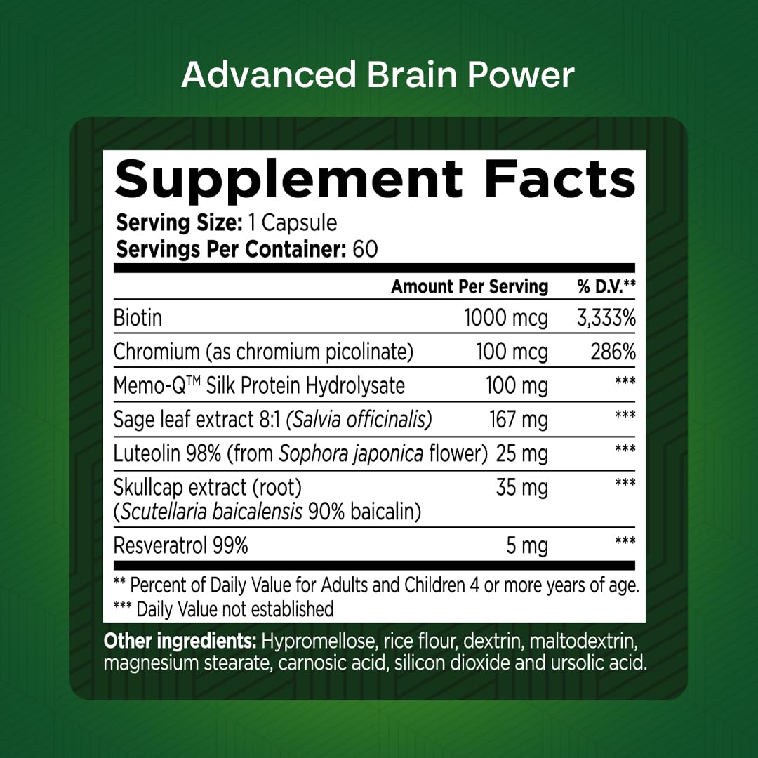 GREEN VALLEY NATURALS - Advanced Brain Power - Supports Healthy, Normal Brain Function, Focus and Concentration, clinically formulated to Support Healthy Brain Clarity. (1 Bottle, 60, Count) - TrustMedUSA