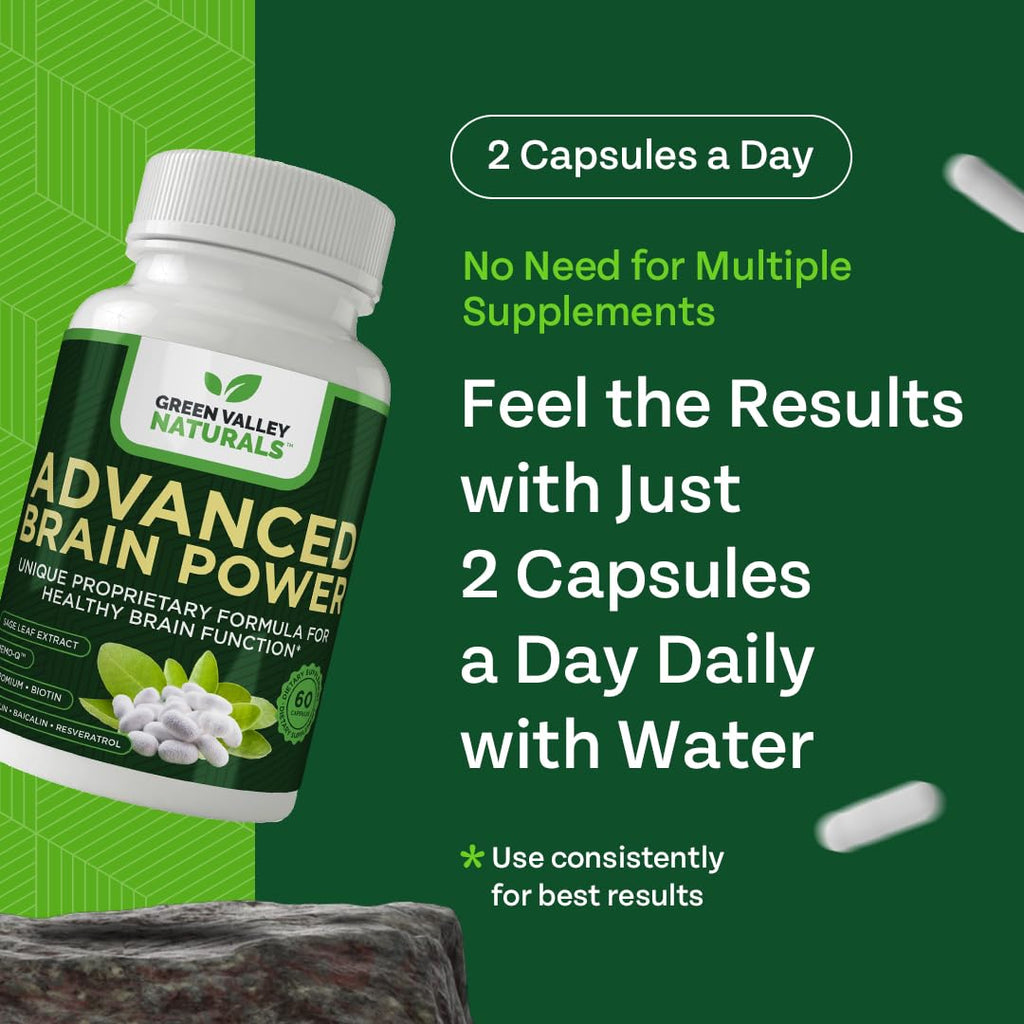 GREEN VALLEY NATURALS - Advanced Brain Power - Supports Healthy, Normal Brain Function, Focus and Concentration, clinically formulated to Support Healthy Brain Clarity. (1 Bottle, 60, Count) - TrustMedUSA