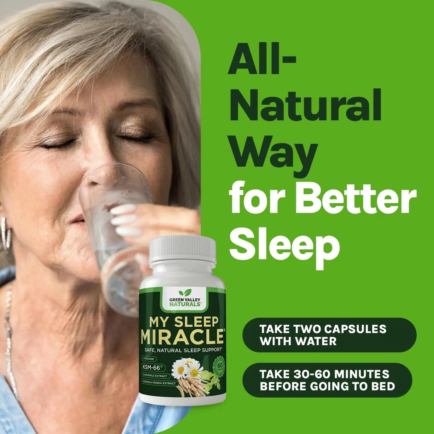 GREEN VALLEY NATURALS My Sleep Miracle Vegan Sleep Support Supplement | Melatonin-Free Formula | Ashwagandha, Chamomile & L-Theanine | Promotes Calm, Relaxation & Restful Sleep | 60 Capsules - TrustMedUSA