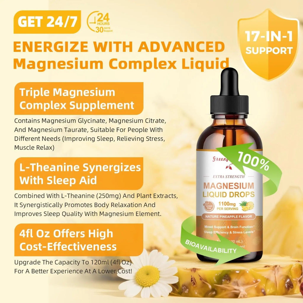 GREENPEOPLE 17-in-1 Triple Magnesium Complex Supplement,Magnesio Liquid Drops with Magnesium Glycinate & Citrate,Pineapple Flavor,Calm Mood,Muscle & Sleep for Adults,4 fl. oz 2Pack - TrustMedUSA