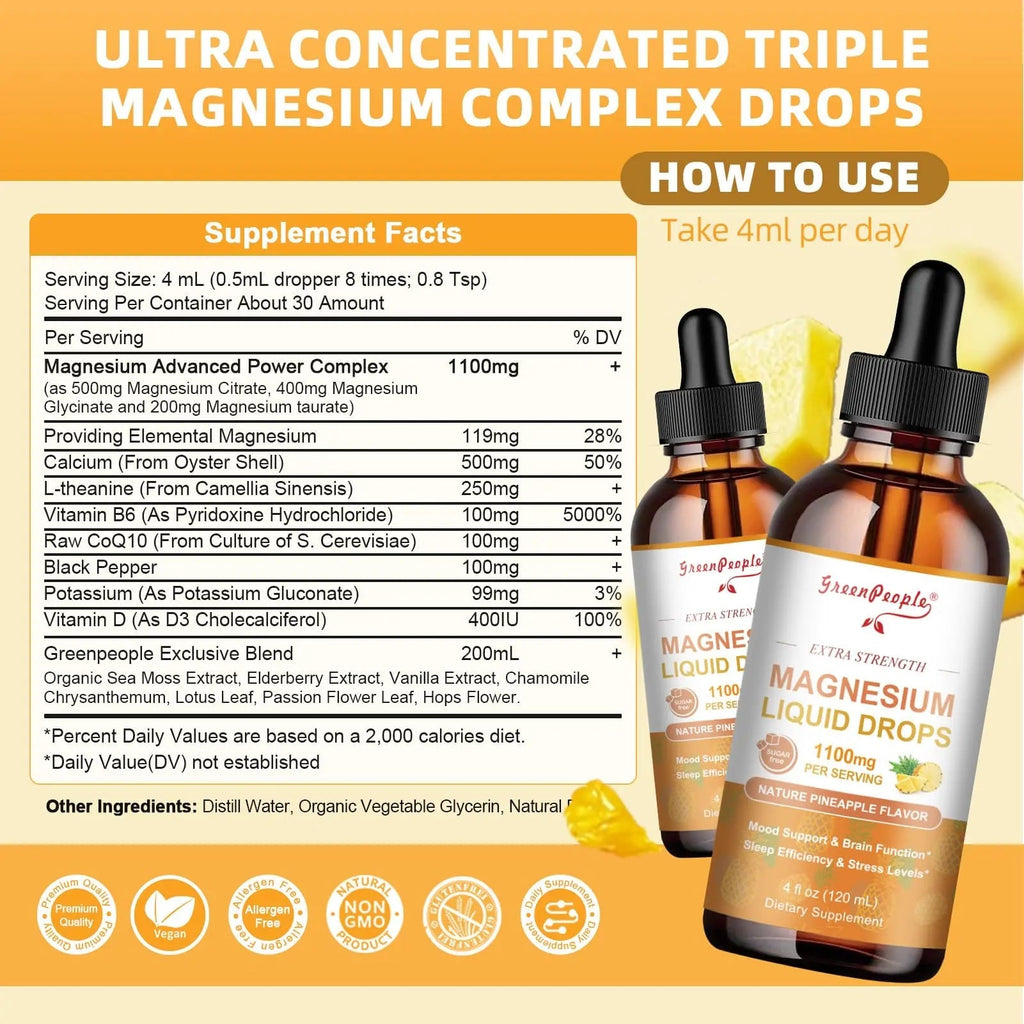 GREENPEOPLE 17-in-1 Triple Magnesium Complex Supplement,Magnesio Liquid Drops with Magnesium Glycinate & Citrate,Pineapple Flavor,Calm Mood,Muscle & Sleep for Adults,4 fl. oz 2Pack - TrustMedUSA