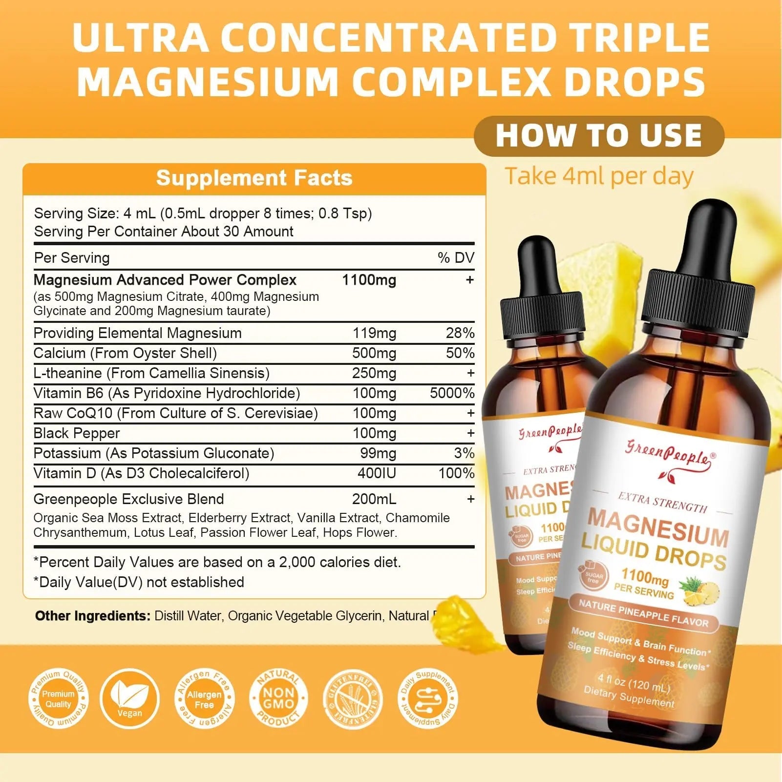 GREENPEOPLE 17-in-1 Triple Magnesium Complex Supplement,Magnesio Liquid Drops with Magnesium Glycinate & Citrate,Pineapple Flavor,Calm Mood,Muscle & Sleep for Adults,4 fl. oz 2Pack - TrustMedUSA