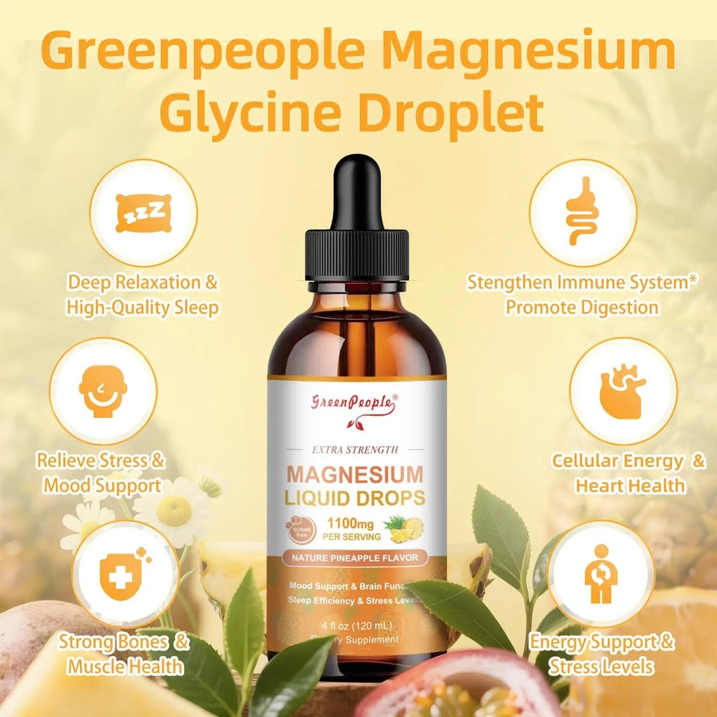 GREENPEOPLE 17-in-1 Triple Magnesium Complex Supplement,Magnesio Liquid Drops with Magnesium Glycinate & Citrate,Pineapple Flavor,Calm Mood,Muscle & Sleep for Adults,4 fl. oz 2Pack - TrustMedUSA