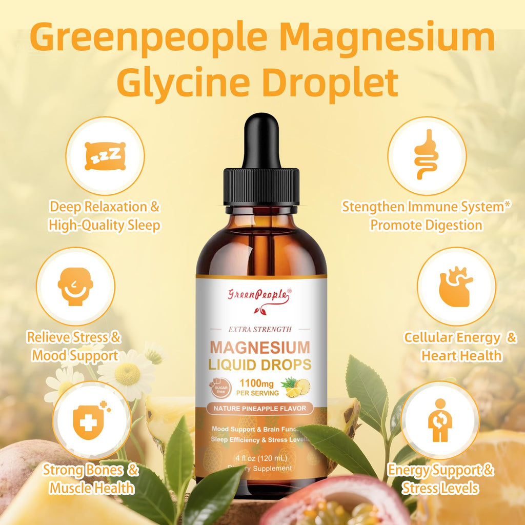 GREENPEOPLE Magnesium Glycinate Liquid Drop - 17-in-1 4Fl. Oz Triple Magnesium Complex Supplement with Glycinate 400mg & Citrate 500mg Taurate/L-Theanine for Calm Mood/Muscle/Sleep,Pineapple Flavor - TrustMedUSA
