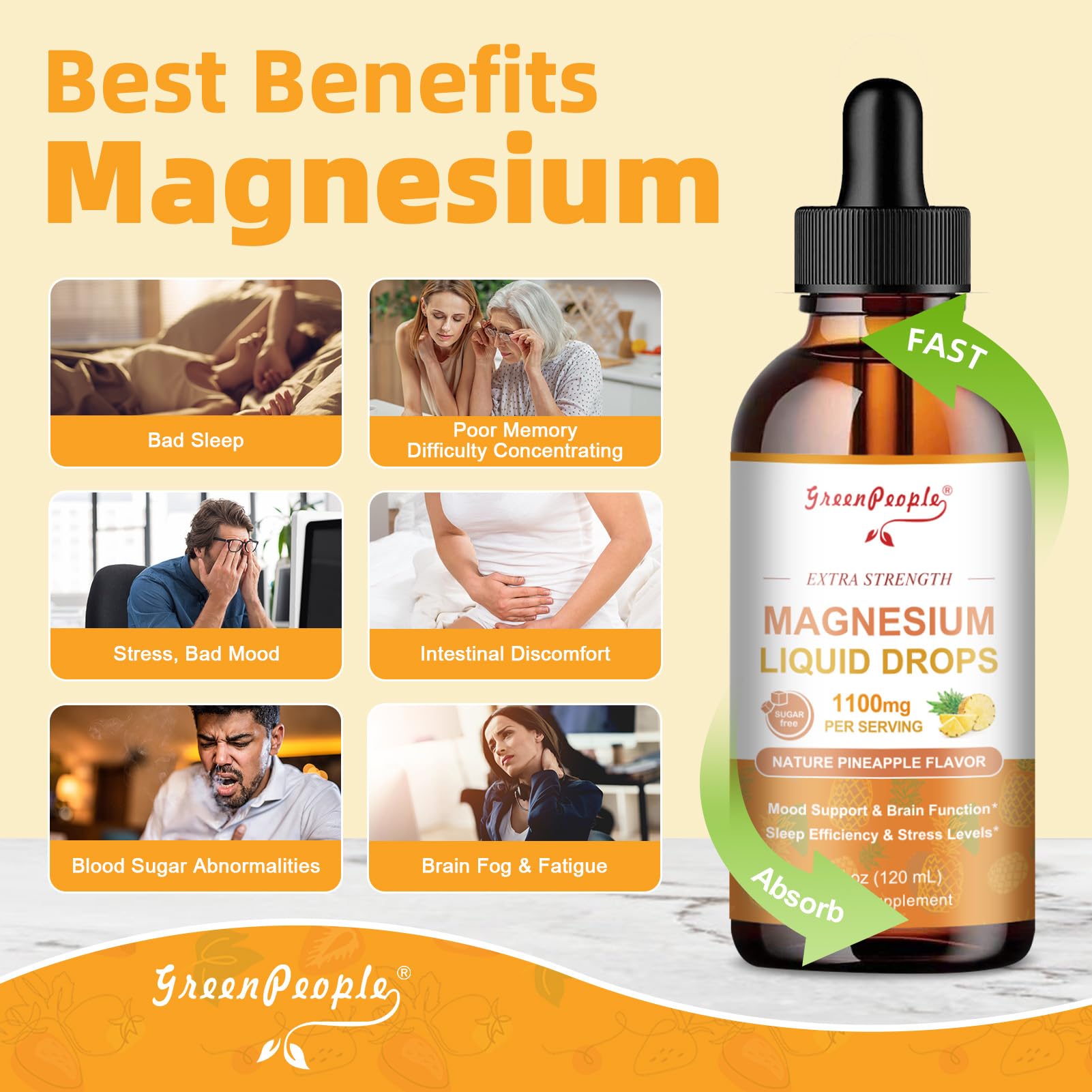 GREENPEOPLE Magnesium Glycinate Liquid Drop - 17-in-1 4Fl. Oz Triple Magnesium Complex Supplement with Glycinate 400mg & Citrate 500mg Taurate/L-Theanine for Calm Mood/Muscle/Sleep,Pineapple Flavor - TrustMedUSA