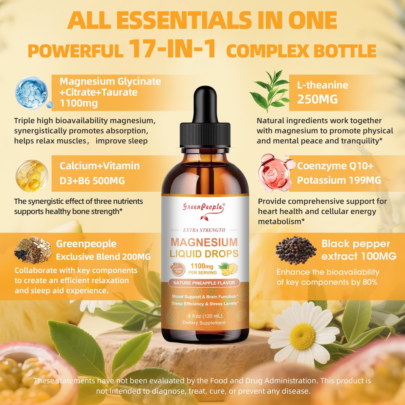 GREENPEOPLE Magnesium Glycinate Liquid Drop - 17-in-1 4Fl. Oz Triple Magnesium Complex Supplement with Glycinate 400mg & Citrate 500mg Taurate/L-Theanine for Calm Mood/Muscle/Sleep,Pineapple Flavor - TrustMedUSA