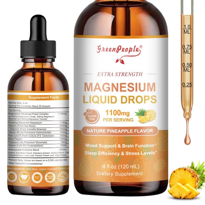 GREENPEOPLE Magnesium Glycinate Liquid Drop - 17-in-1 4Fl. Oz Triple Magnesium Complex Supplement with Glycinate 400mg & Citrate 500mg Taurate/L-Theanine for Calm Mood/Muscle/Sleep,Pineapple Flavor - TrustMedUSA