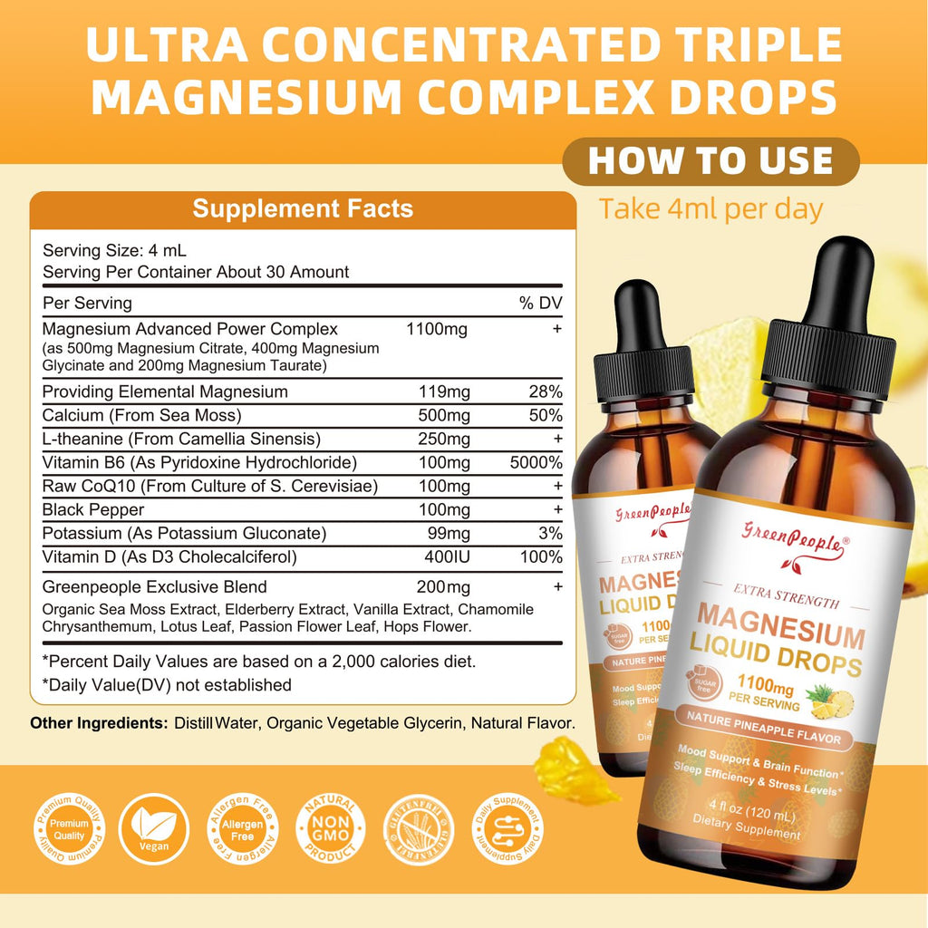 GREENPEOPLE Magnesium Glycinate Liquid Drop - 17-in-1 4Fl. Oz Triple Magnesium Complex Supplement with Glycinate 400mg & Citrate 500mg Taurate/L-Theanine for Calm Mood/Muscle/Sleep,Pineapple Flavor - TrustMedUSA