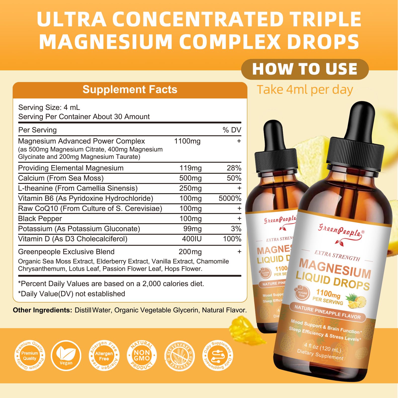 GREENPEOPLE Magnesium Glycinate Liquid Drop - 17-in-1 4Fl. Oz Triple Magnesium Complex Supplement with Glycinate 400mg & Citrate 500mg Taurate/L-Theanine for Calm Mood/Muscle/Sleep,Pineapple Flavor - TrustMedUSA