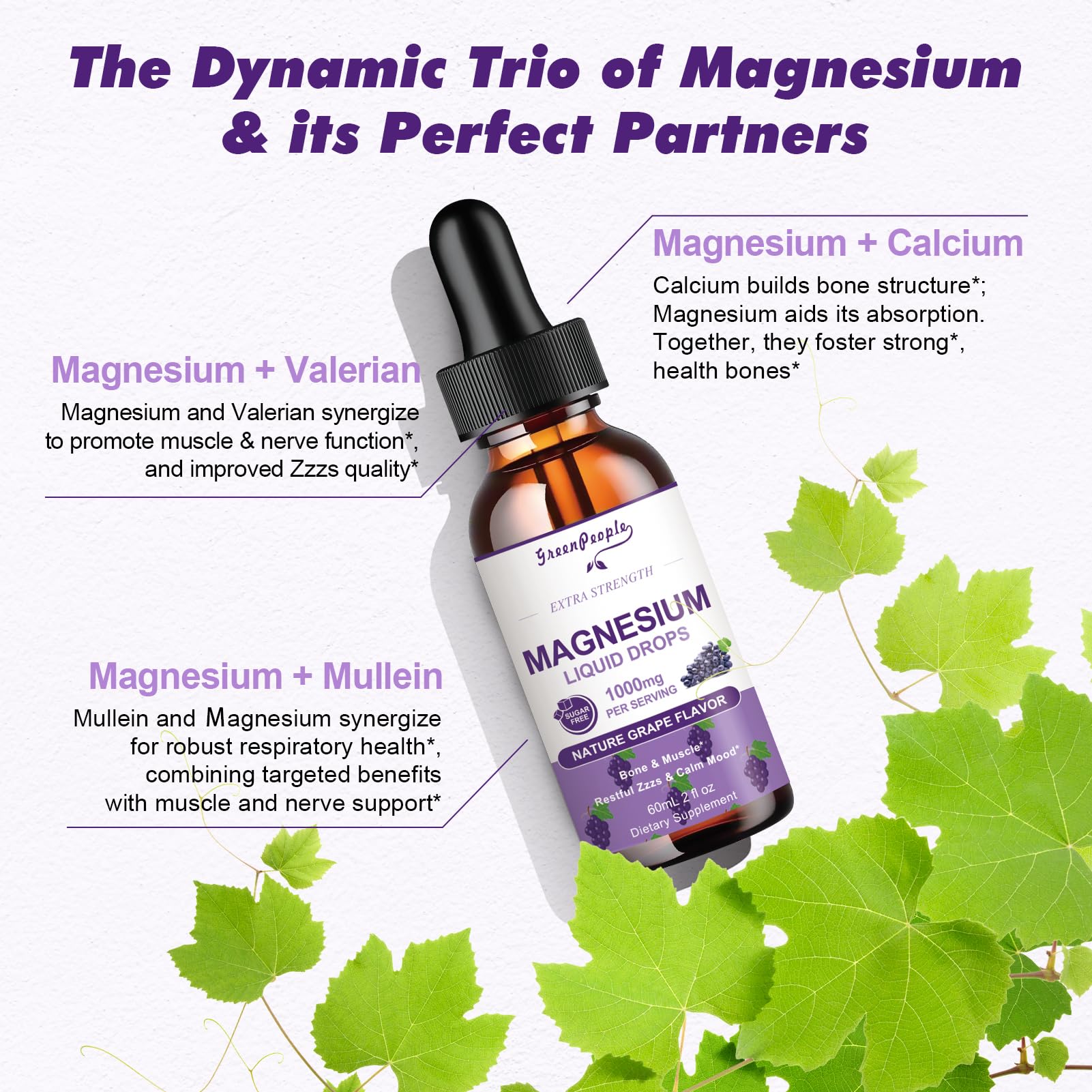 GREENPEOPLE Magnesium Glycinate Liquid Drops - 1000mg 5-in-1 High Absorption Liquid Magnesium for Sleep with D3/K2/B6 | Fast-Acting, Bone, Muscle & Sleep | Sugar-Free Grape Flavor, 2fl Oz - TrustMedUSA