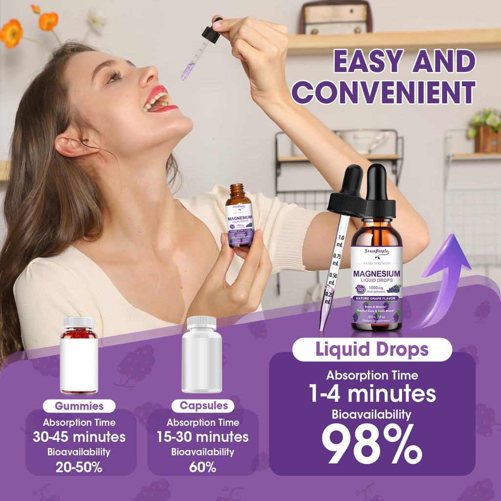 GREENPEOPLE Magnesium Glycinate Liquid Drops - 1000mg 5-in-1 High Absorption Liquid Magnesium for Sleep with D3/K2/B6 | Fast-Acting, Bone, Muscle & Sleep | Sugar-Free Grape Flavor, 2fl Oz - TrustMedUSA