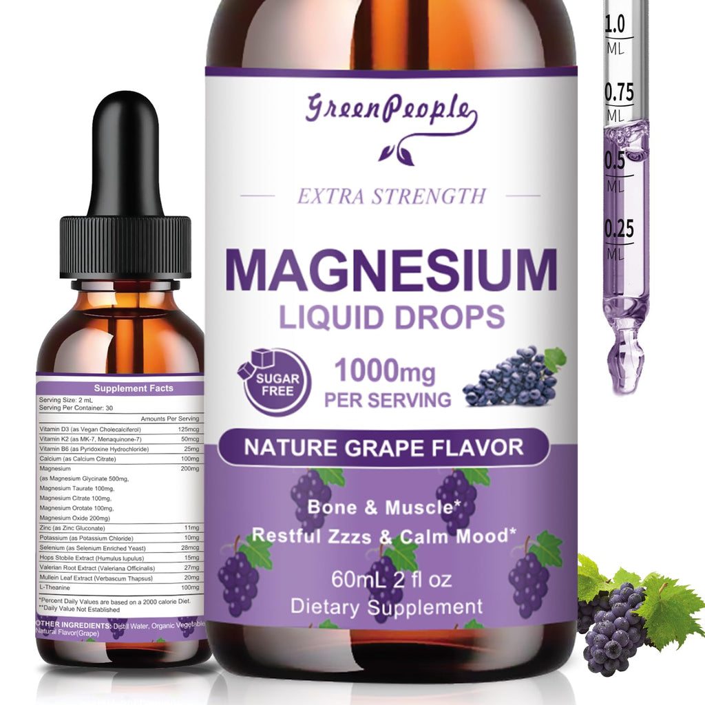 GREENPEOPLE Magnesium Glycinate Liquid Drops - 1000mg 5-in-1 High Absorption Liquid Magnesium for Sleep with D3/K2/B6 | Fast-Acting, Bone, Muscle & Sleep | Sugar-Free Grape Flavor, 2fl Oz - TrustMedUSA
